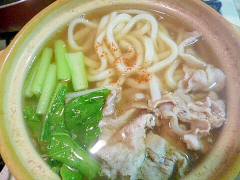 土鍋で簡単♪豚肉と大根の葉の鍋焼きうどん